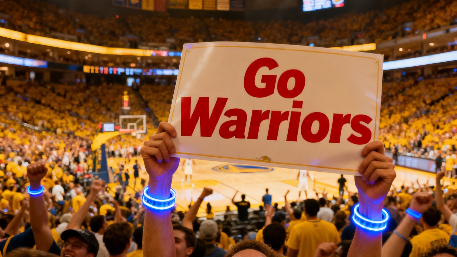 NBA季后赛场馆内灯光璀璨照亮全场，热情的球迷手持应援标语和发光手环，营造出震撼的主场氛围